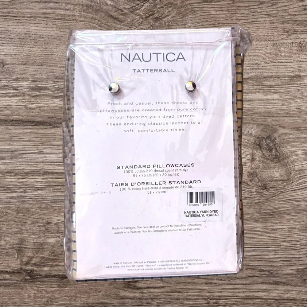 NEW Vintage NAUTICA Yard Died Tattersal Plaid Yellow Navy Blue Set 2 Pillowcases